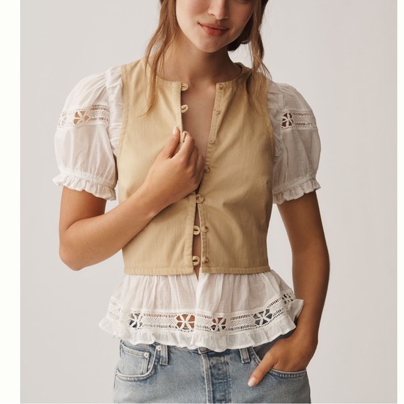 Anthropologie Tops - Anthropologie Puff-Sleeve Twofer Short-Sleeve Top NEW Small
